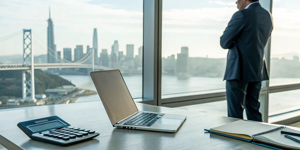 A person at a desk using a bridge loan calculator with a city bridge visible through the window.