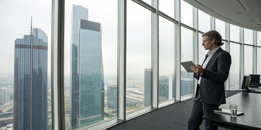 Businessman in a city office researching no doc business loans available with only an EIN.