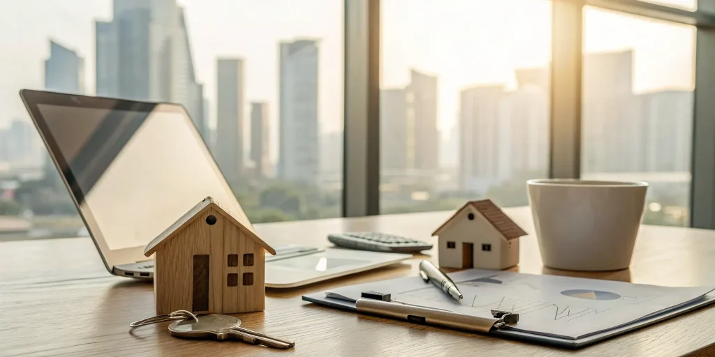 A desk with house models, keys, and documents for a portfolio loan mortgage.