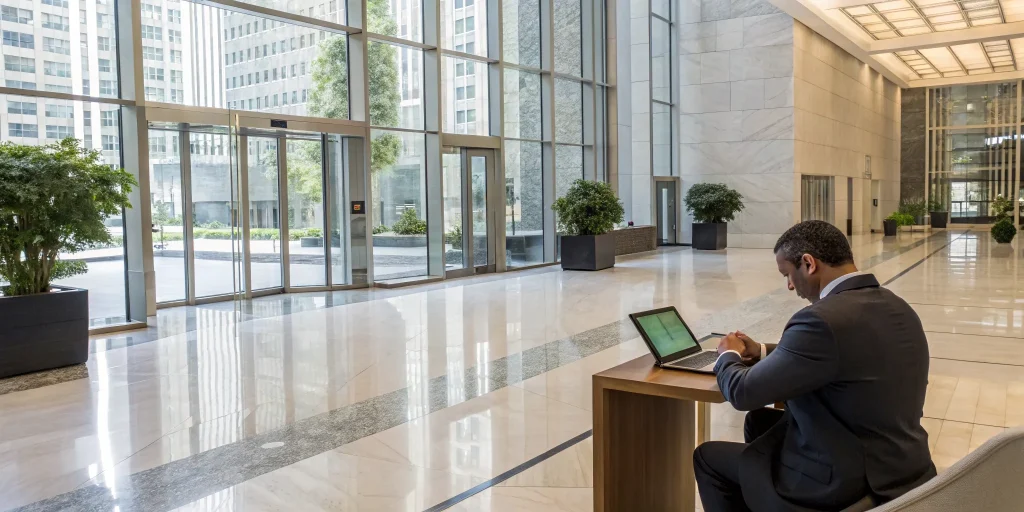 Businessman in a bank lobby researching what banks offer no doc business loans.