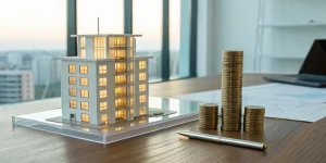 Model rental property and coins showing the income calculation for a DSCR loan.