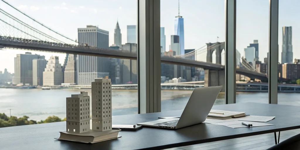 Real estate investor's desk with building models overlooking a bridge, a guide to bridge loans.