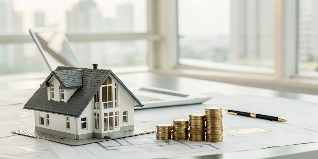 Model house and coins next to a laptop used to research how to finance a house flip.