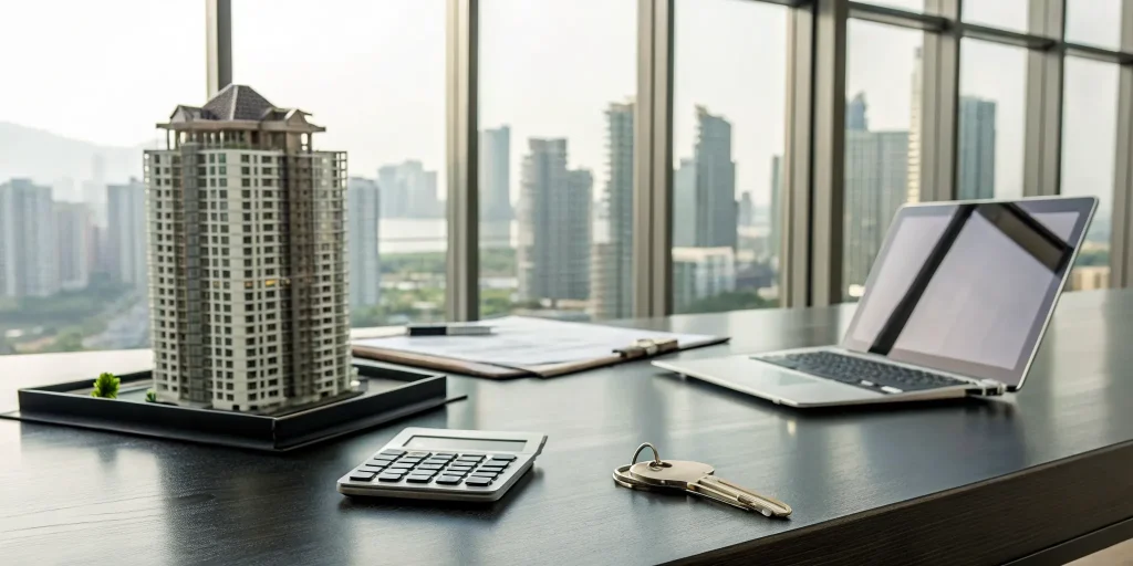 Calculating rental income with a calculator and house model to qualify for a DSCR loan.