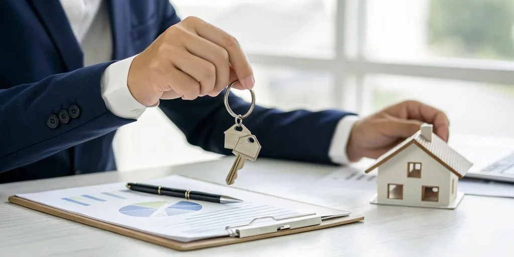 Investor with house keys and a model home reviews documents for a rental portfolio loan.