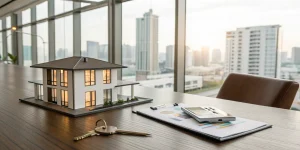 House model, keys, documents, and calculator for a short-term rental DSCR loan.