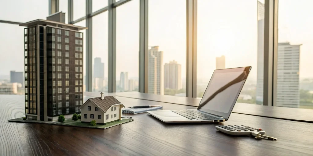 Calculator and house models on a desk for qualifying for a mortgage using rental income.