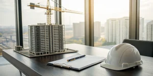 LLC construction loan for an investment property with a hard hat, building model, and financial documents.