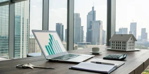 Laptop with a DSCR loan chart and calculator used to find the best lenders for a cash out refinance.