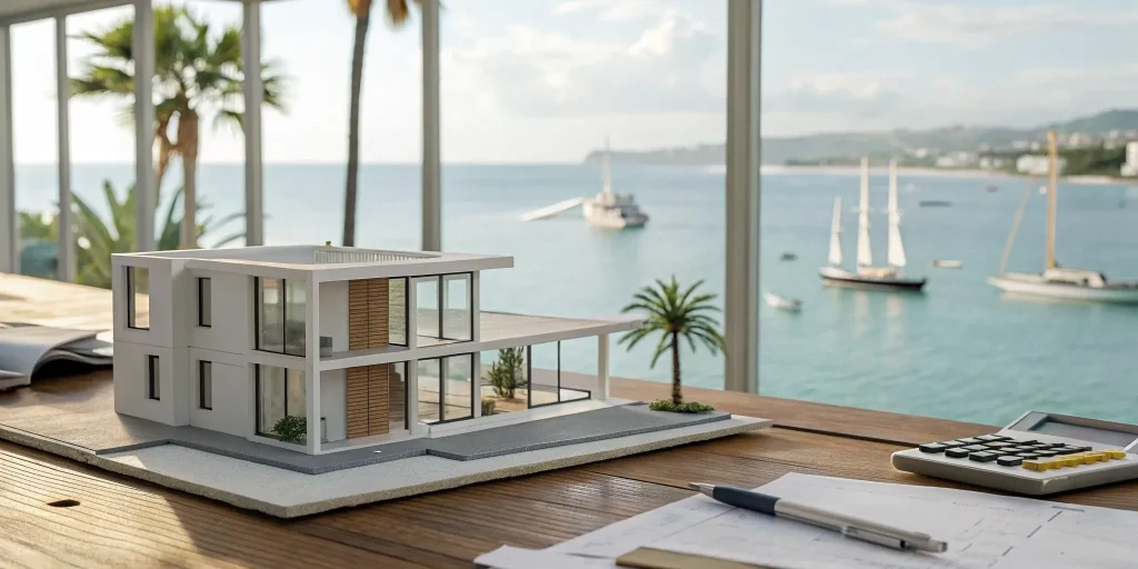 Model vacation rental on a desk with paperwork and a calculator for financing from lenders.