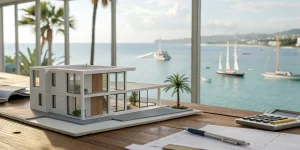Model vacation rental on a desk with paperwork and a calculator for financing from lenders.