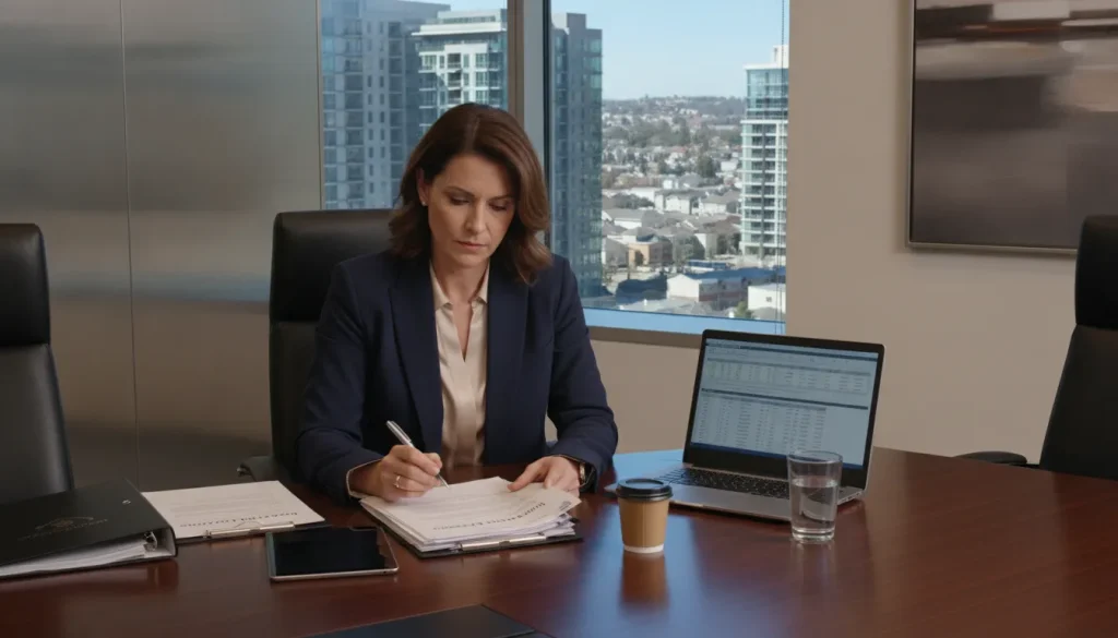 Real estate investor reviewing blanket loan documents with residential properties visible through a modern office window