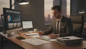 Real estate investor reviewing DSCR loan documentation and financial statements at a modern desk