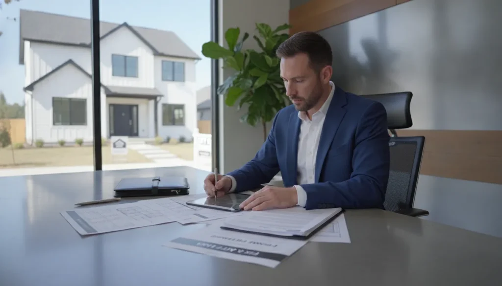 Real estate investor reviewing fix and flip loan documents with a renovated house visible in the background