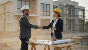 Real estate investor and lender shaking hands at a construction site, representing hard money and private money loan options for property investors