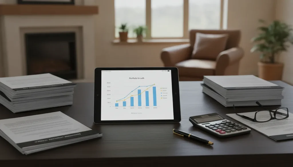 A professional desk setting showing real estate investment documents, a calculator, and a tablet displaying financial charts.