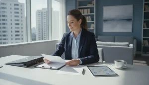 Real estate investor reviewing documents for multiple rental properties at a modern desk