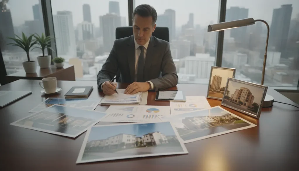 Real estate investor reviewing portfolio strategy documents on a modern desk